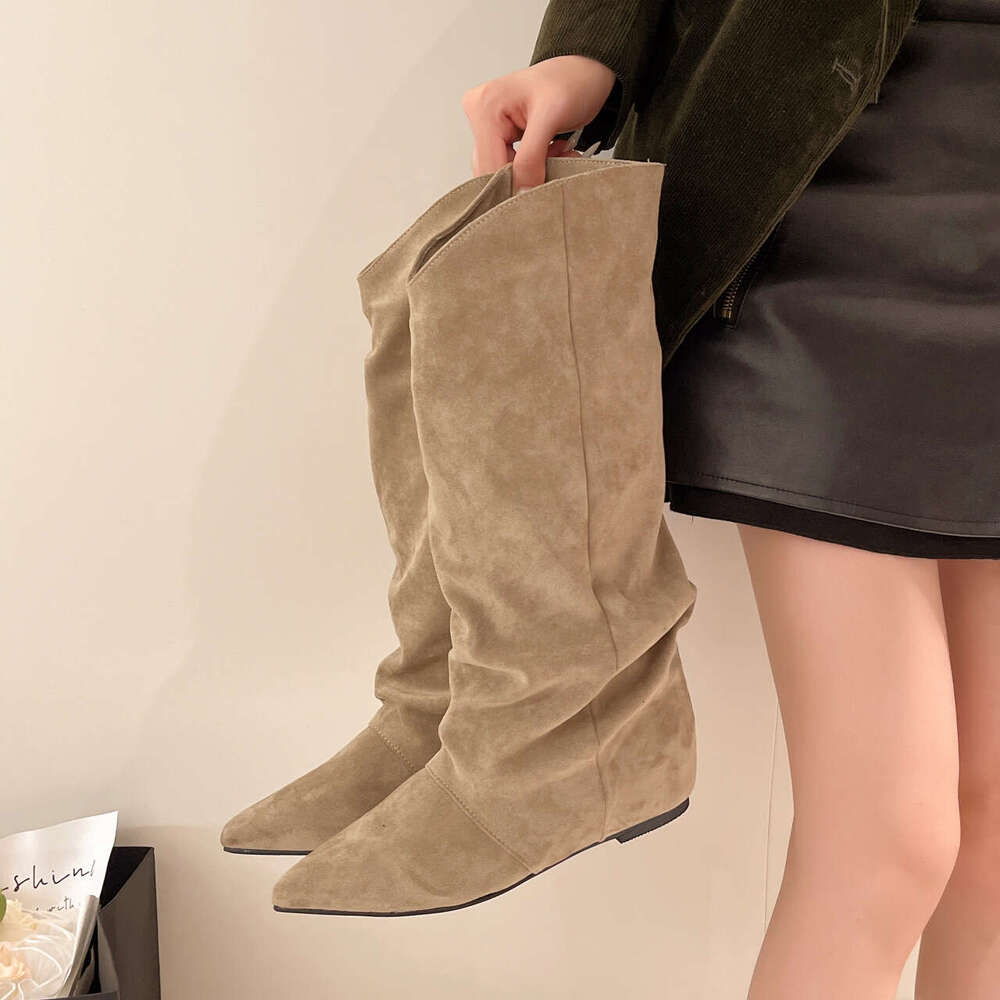 2025 Bags Designer Women Autumn Korean Style Pointed Toe Suede PU High for Women Low Heel Comfortable Fashion Boots with Non-Slip Soles