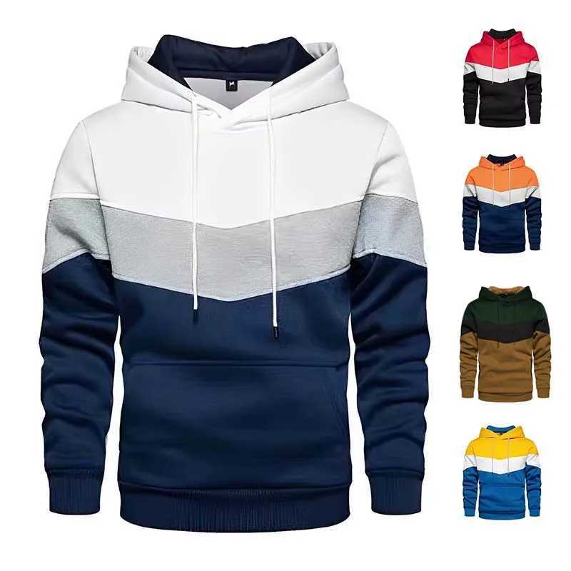 2025 New Mens Patchwork Hoodie Outdoor Casual Sportswear Street Fashion Mens Fleece Thermal Hooded Sweatshirt Fall Winter Coat