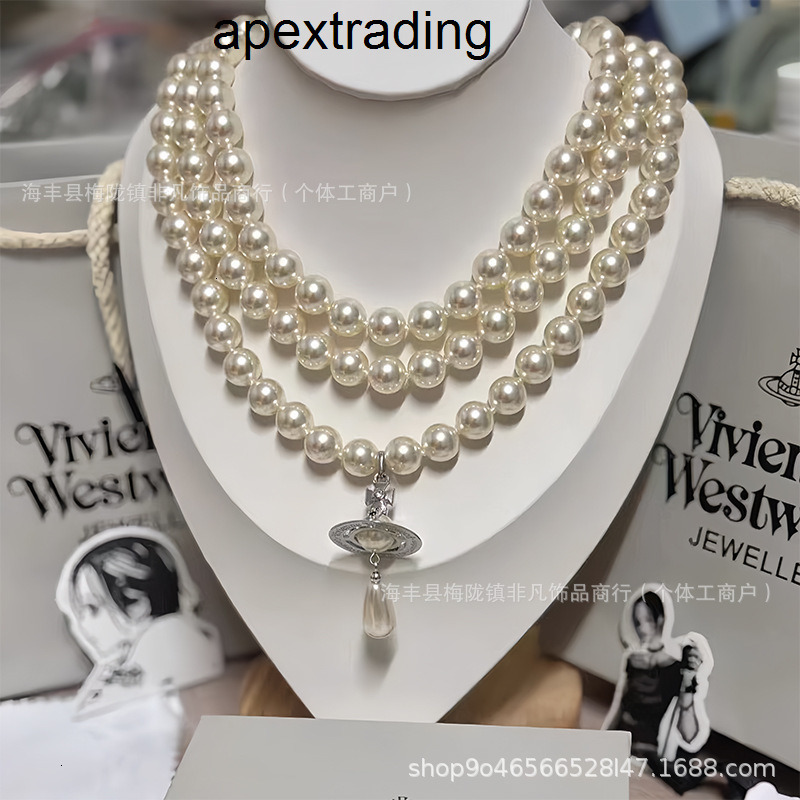 Designer Westwood High Version West Empress Dowagers Threelayer Droplet Pearl Necklace Light Luxury Fashion viviane Vivienme viviennen viviennely we