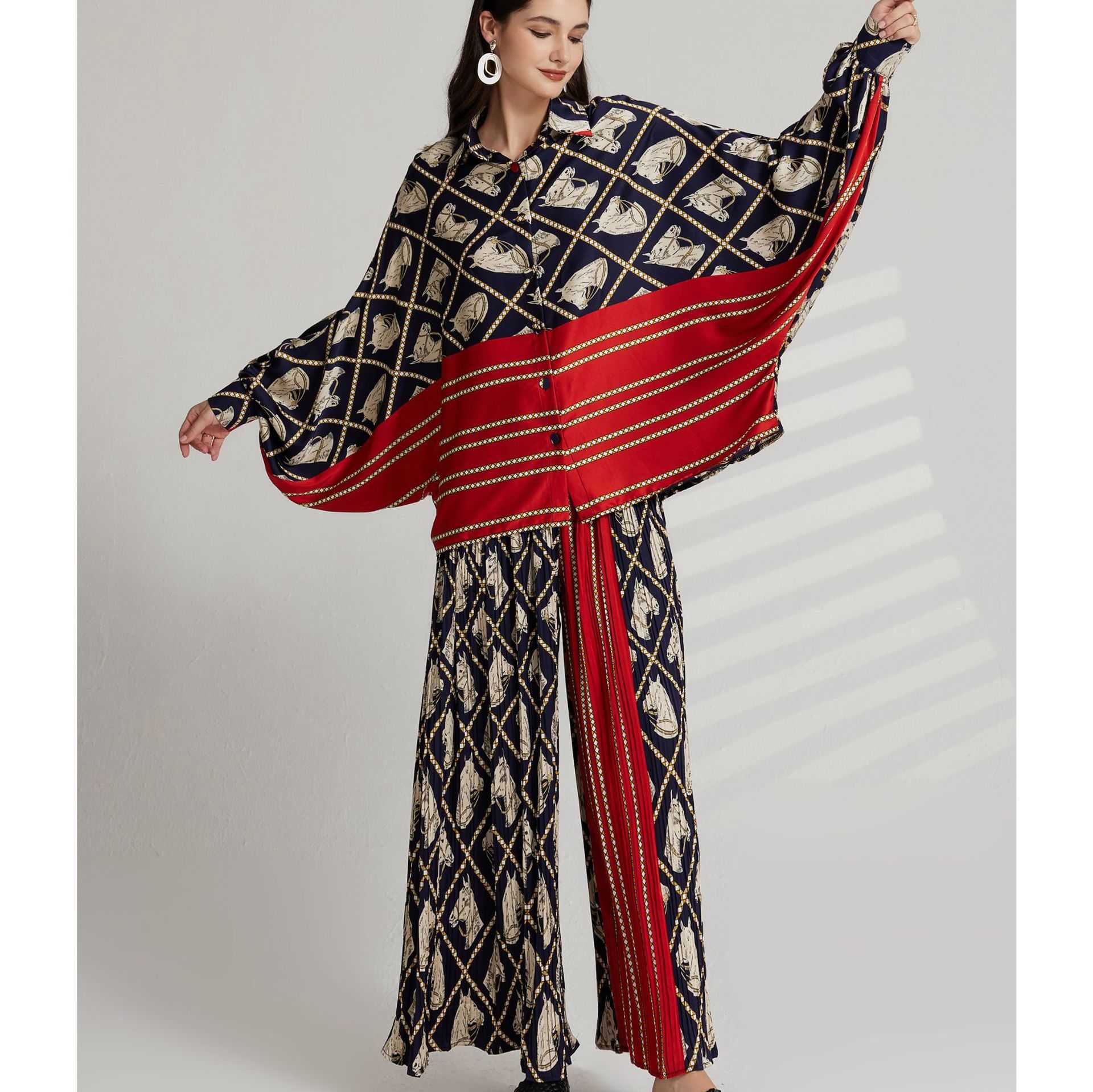 Popular Satin Printed Bat Sleeve Long Sleeve Loose Large Size Hundred Fold Pants Long Pants Set H25420-image-864257464