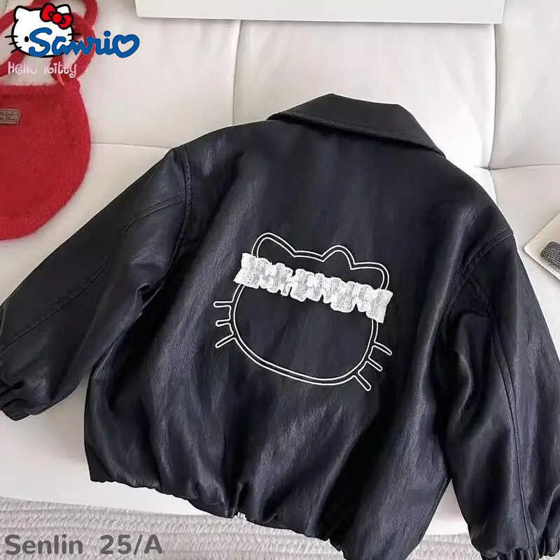 Sanrio Y2K Hello Kitty Pu Leather Jacket Anime Girls Kawaii Spring Fall Cartoon Coat Student Loose Fashion Black Casual Tops H251120-image-1085364640