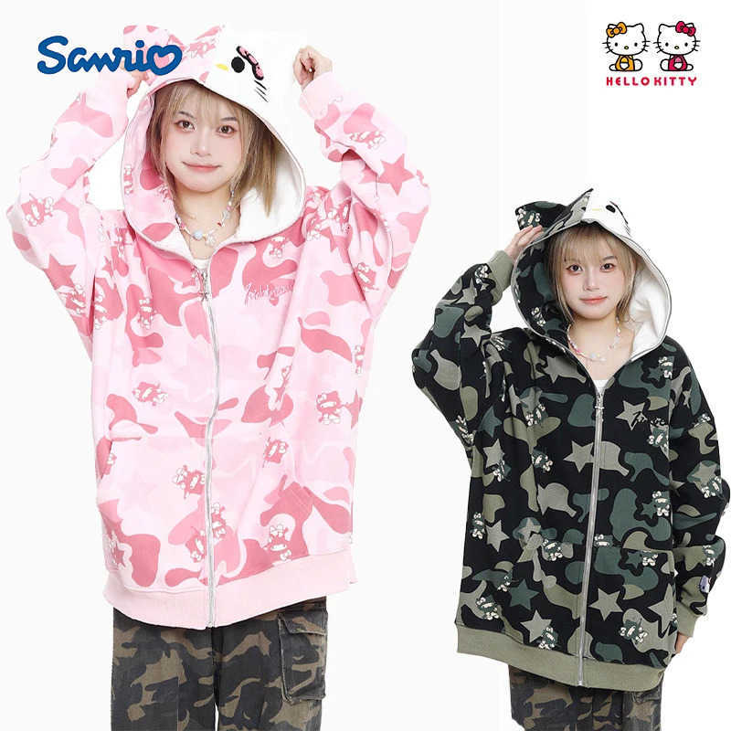 Sanrio Y2K Cute Hello Kitty Jacket Zipper Cardigan Hoodie Camouflage Blouse Outdoor Sweatshirt Autumn Long Sleeve Sweater Jacket Female H251120-image-1085364785