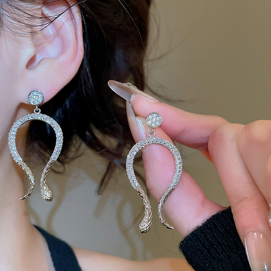 14k Real Gold Plated Zircon Snake Light Luxury High-end European and American Cross-border Exaggerated Retro Earrings for Women-image-1085481817