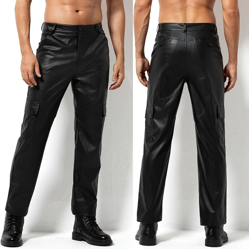 Arjen Kroos mens casual straight leg motorcycle PU leather pants with multiple pockets 250409Z