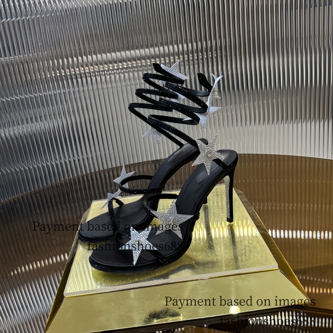 Silver five-star splicing black leather high-heeled shoes with a sexy one-piece belt for women wedding banquet shoes high-end luxury designer shoes