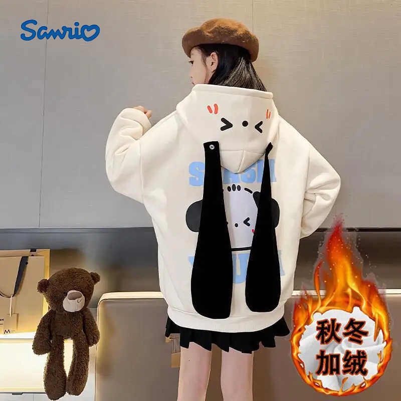 Sanrio Hello Kitty Sweatsuit Girls Thickening Autumn and Winter Long Cardigan Trendy Kawaii Y2K Anime Childrens Clothing Tops H251120-image-1085365162