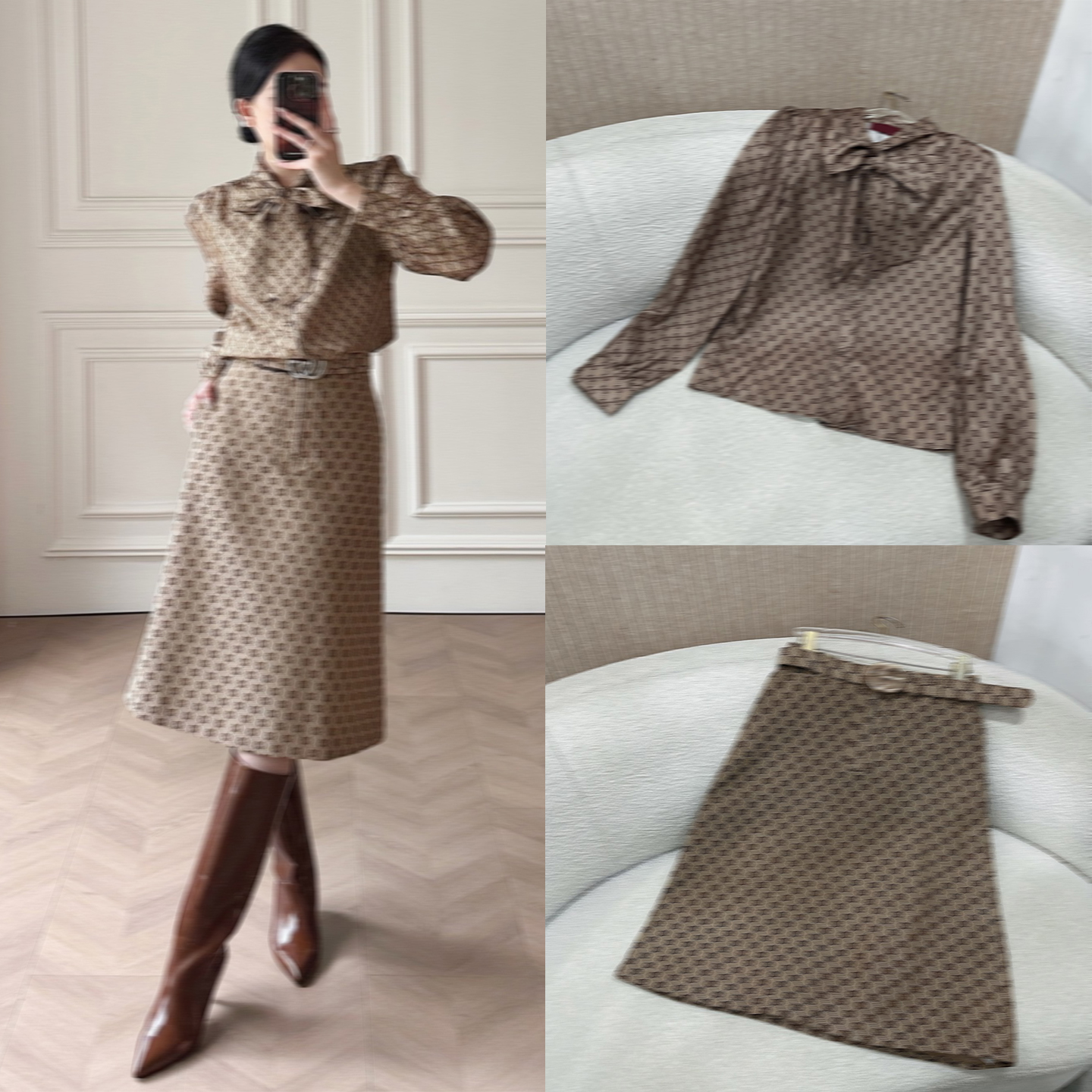Designer Femmes Deux Pièces Ensembles Lettre Complète Chemises De Broderie Bowknot Blouse Robe Au Genou Avec Ceinture Élégante Bureau Dame Tenue