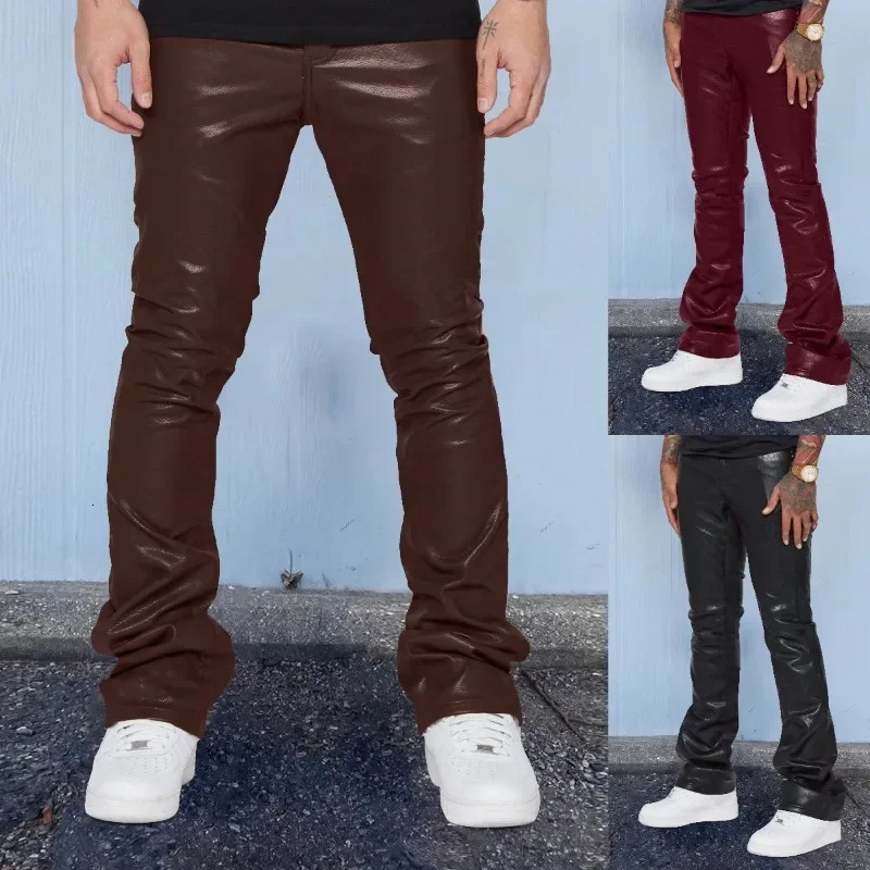 Mens PU leather trend printed mid waist loose casual pants mens plus size straight leg 250409Z