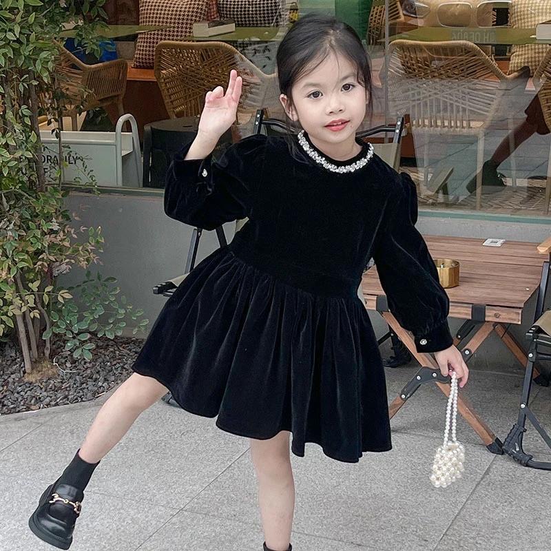 D731 Korean children&#039;s clothing 2024 Autumn/Winter new style black velvet dress for girls with lace and bow princess dress-image-1085442098