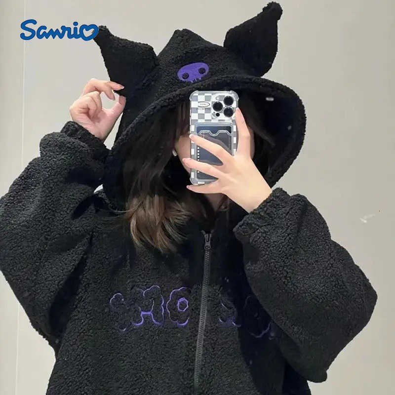 Sanrio Kawaii Kuromi Student Cute Cartoon Furry Hooded Jacket Children Comfortable Warm Hoodie Sportswear Birthday Gift for Kids H251120-image-1085364854