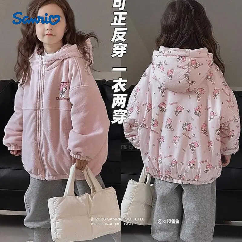 Sanrio Sanrios My Melody Winter New Girls Reversible Velvet Jacket Plus Velvet Childrens Polar Fleece Hooded Clothes Winter Outerwear H251120-image-1085365250