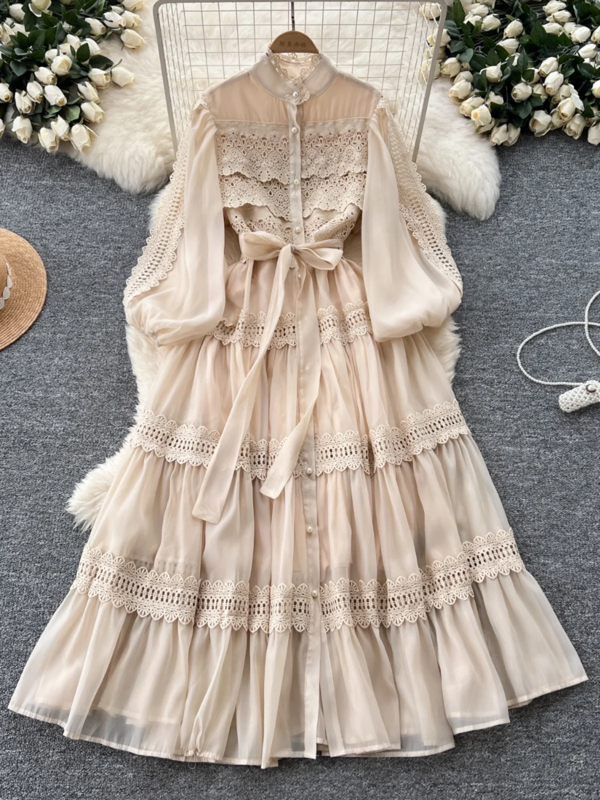 Elegant Hollow Out Long Maxi Dresses Shirt Women Spring Summer Layer Ruffle Full Sleeve Pearl Evening Party Vestidos