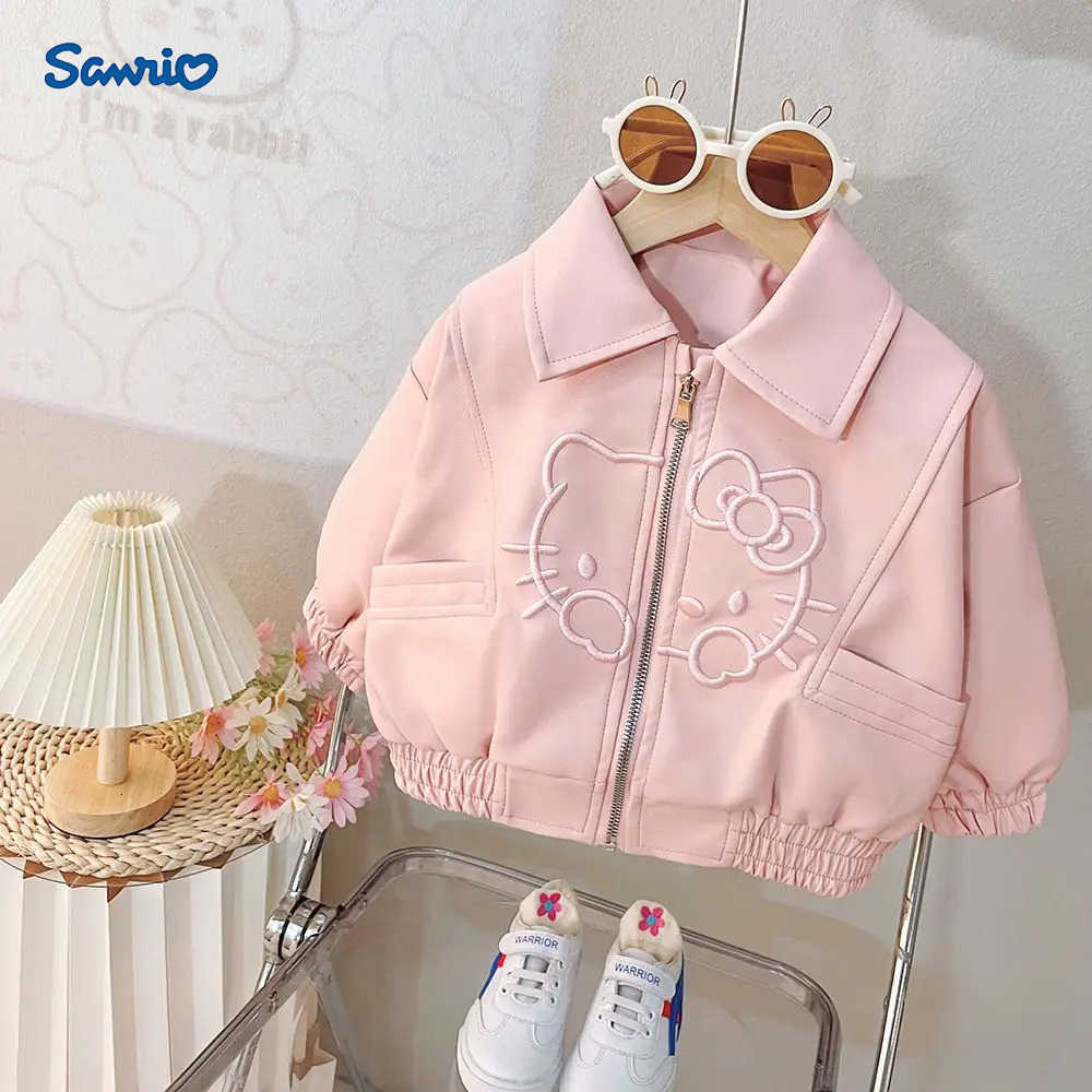 Sanrio 2025 Spring Autumn HelloKitty Embroidery Baby Girls Pu Leather Jackets Clothing Toddle Zipper Flight Jacket Outerwear Zipper H251120-image-1085365281