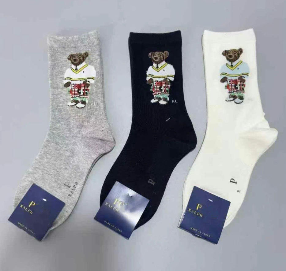 Designer Sock For Mens Women Breathable Cotton Long PoloSocks Solid Double-needle Vertical Calf Knee-length Stockings Female Lady Bear RF Socks L260