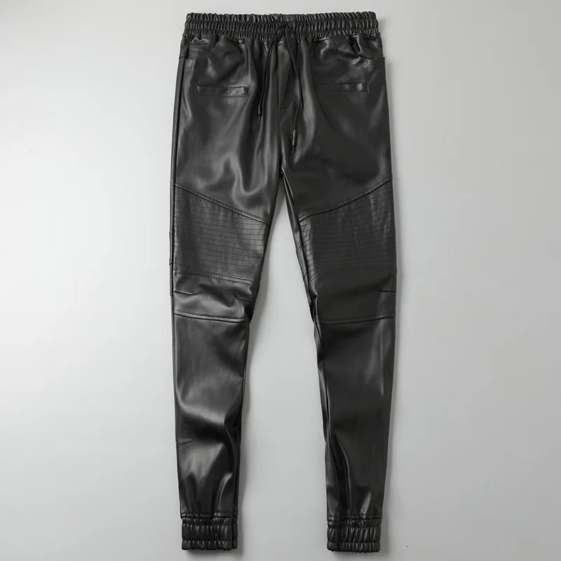 Mens leather pants highquality elastic waist jogging PU bicycle waterproof 250409Z