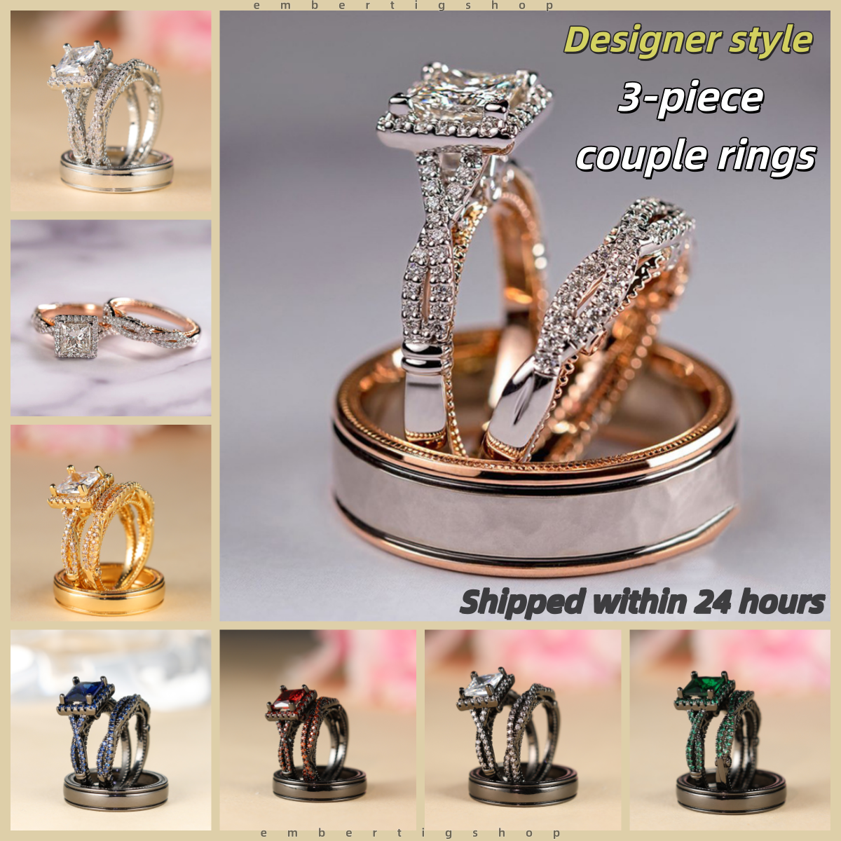 Rose gold 3-piece ring set with diamonds, cubic zirconias and full diamonds Men women couple rings High quality gold designer diamond ring engagemen