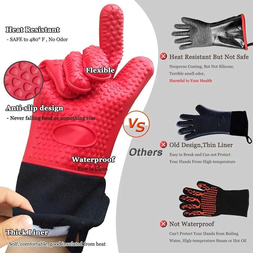 Long Thick Silicone Gloves Heat-resistant Non-slip Microwave Oven Mitts Kitchen BBQ Baking Cooking Canvas Stitching Oven Gloves L260506-image-1085341735