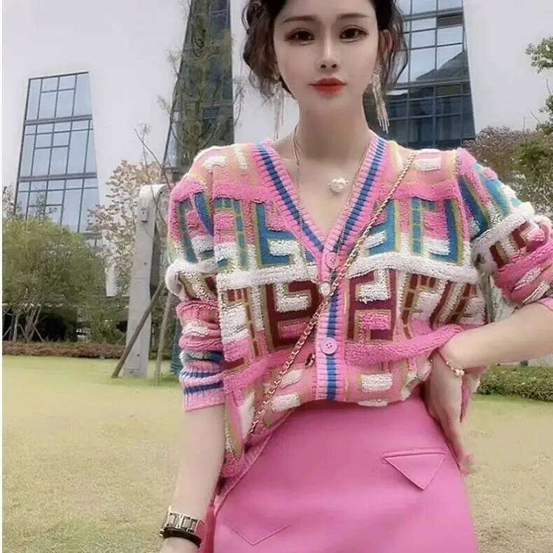 Veste française à carreaux pour femmes, col en v, rétro, couleur contrastée, pull à carreaux, épais, rose, tricoté, Cardigan élégant