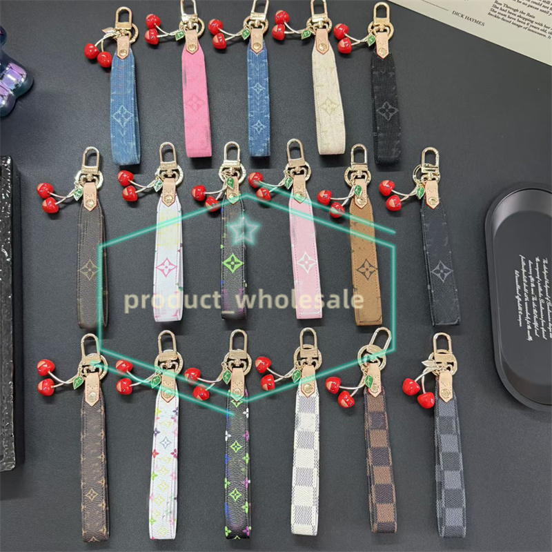 Designer PU Leather Denim Keychains Lanyards Luxury Keychain Lovely Tiny Cute Cherry Key Ring for Women Charm Bag phone Ornament Pendant Accessories