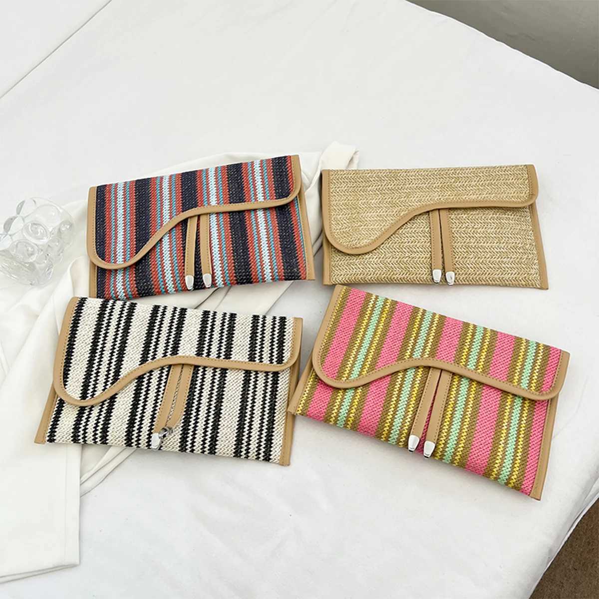 Portefeuille de paille de mode pour femmes sac de plage rayé de plage pu en cuir décoration pratique magnétique couverture flip flip chronomédial