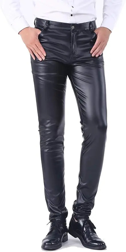 Mens business slim fit five pocket synthetic leather pants jeans 250409Z