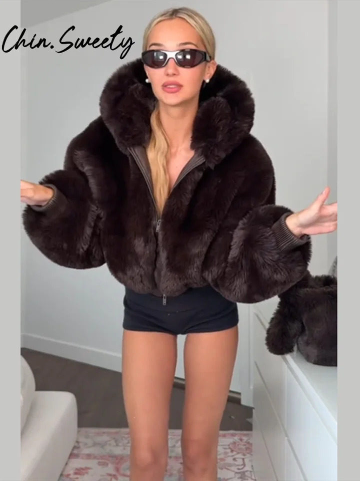 Short Hoody Faux Fur Women Coat Solid Zippers Long Sleeve Pocket Female Outwear Autumn Winter Fashion Lady Streetwear 251121