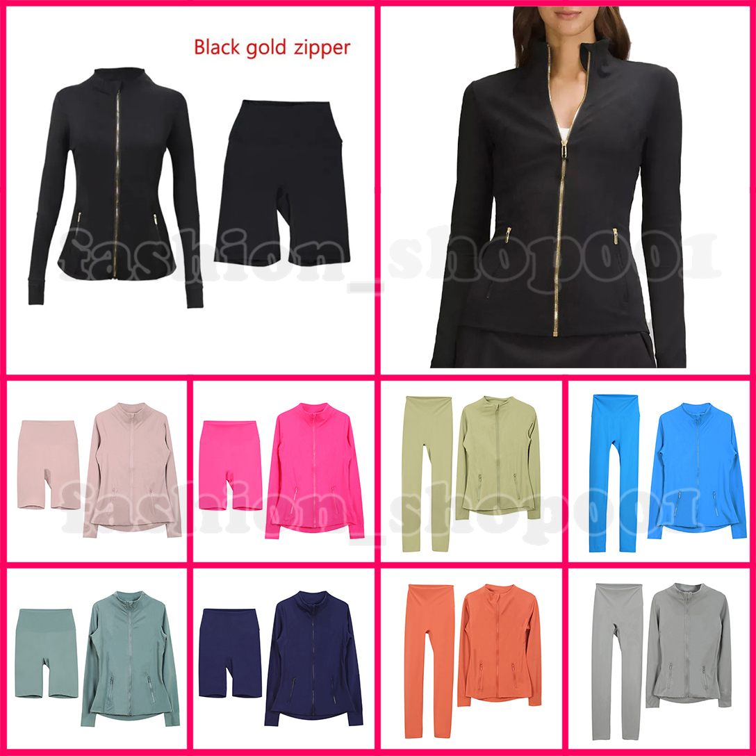 Yoga Jacket Tracksuit women designer clothes Outfits Golden zipper two piece sportswear pants jackets womens coat women with Pockets Jacket Sport-image-929024814