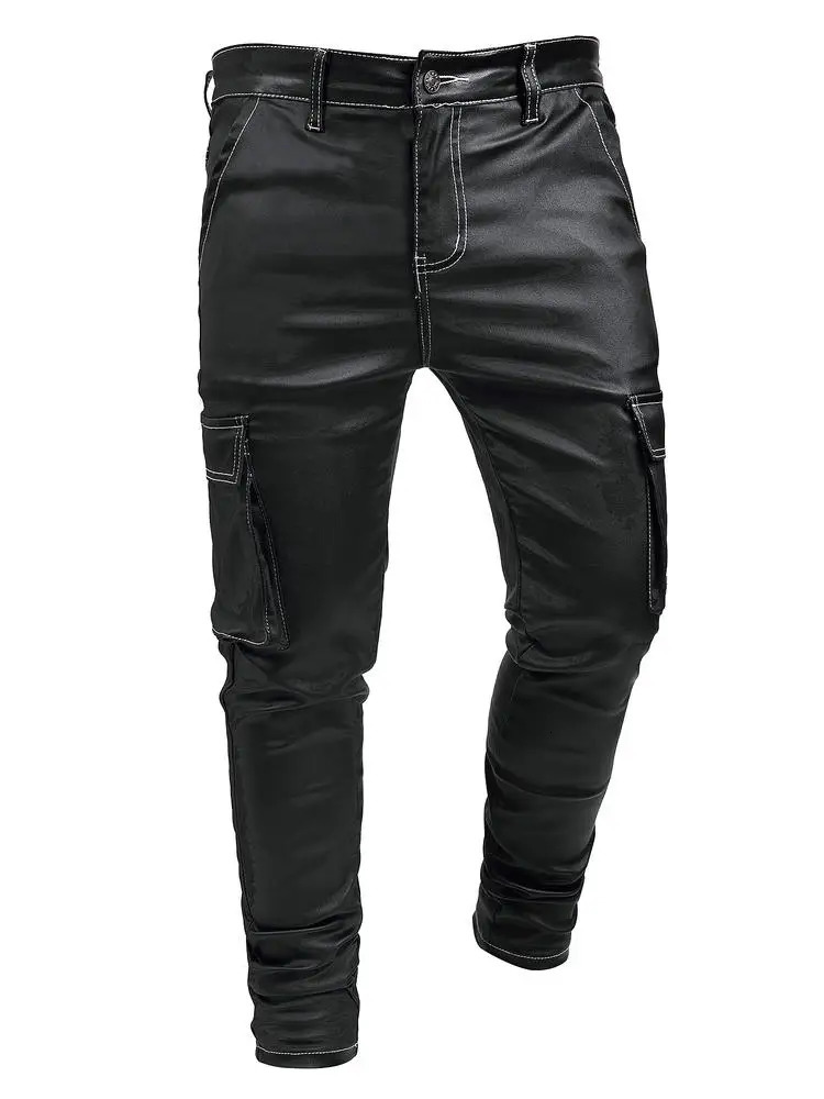 Mens leather pants black solid synthetic mens casual tight fashionable PU 250409Z