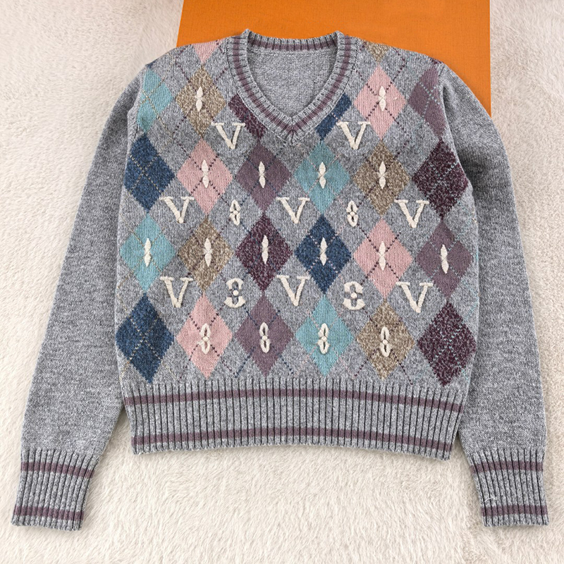 Pulls de luxe à col en V pour femmes, couleur contrastée, broderie, chaud, manches longues, Style quotidien, pulls tricotés décontractés, automne