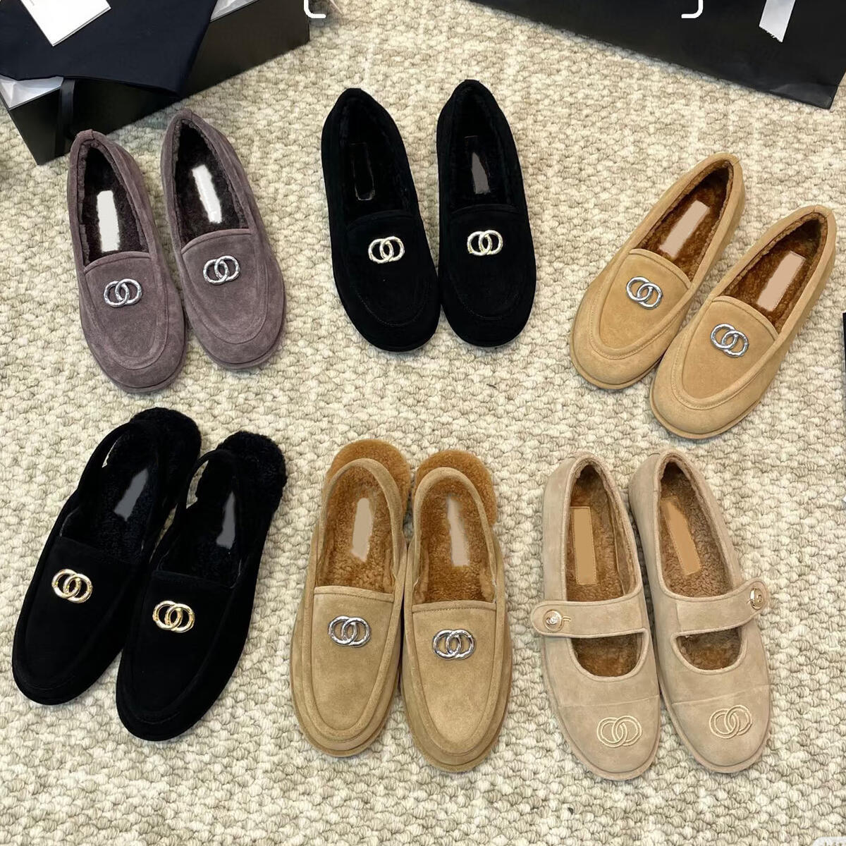 Cotton Fabric Ballet flat 25B Mary Jane Slippers Womens Loafers Designer Shearling Shoes Fur Slides Classic Platform Chestnut Slip-on Suede Wool Com