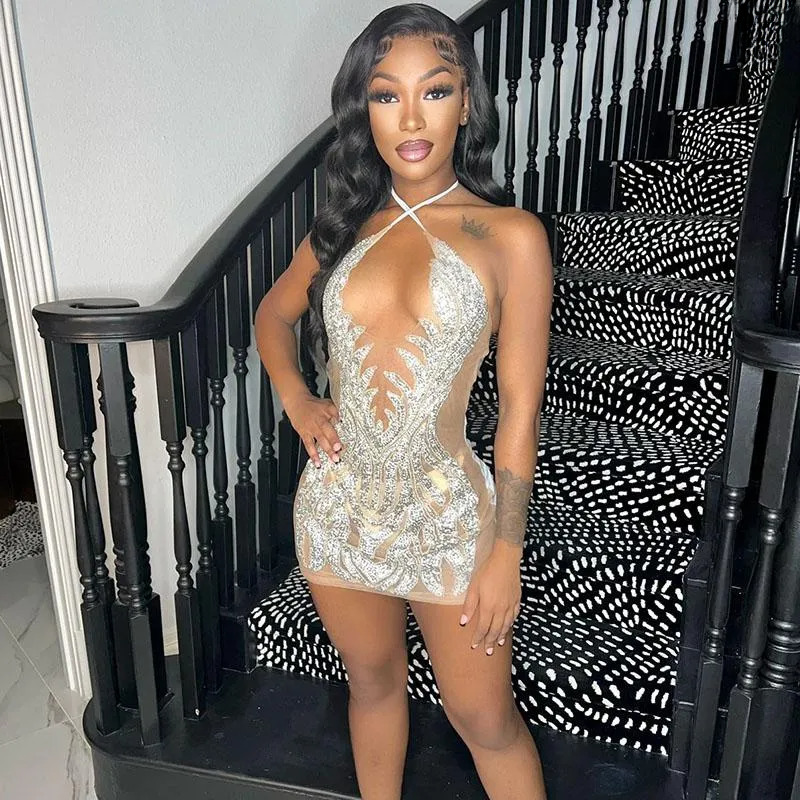 Casual Dresses Dias Rhie Party Birthday Dress For Women Night Club Mesh See Through Halter V-neck Backless Sexy Bodycon Mini