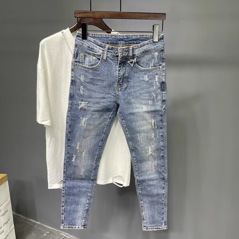 Mens Black Tight Jeans Motorcycle Street Trendy Match Comfortable High Waist Premium Rhinestone Elastic Pencil Jeans 241206bj