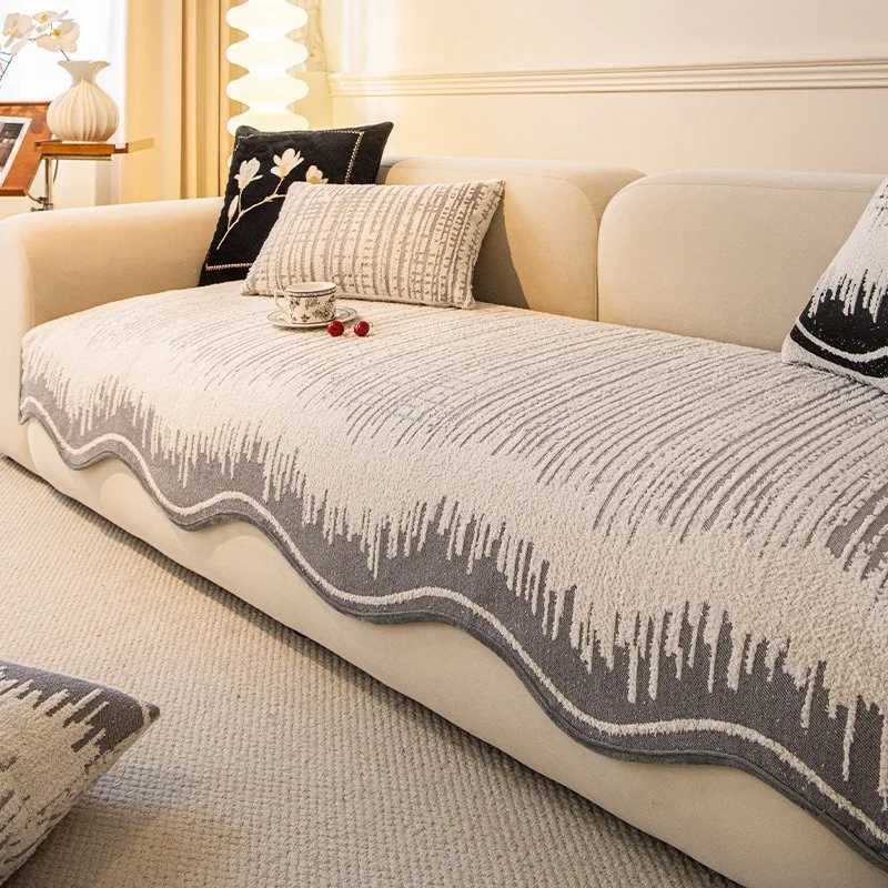 Fluffy Lines Jacquard Chenille Curved Hem Non-Slip Sofa Cover for Living Room All Seasons Couch Seat Cover Sofa Towel Decor C251121-image-1085580853