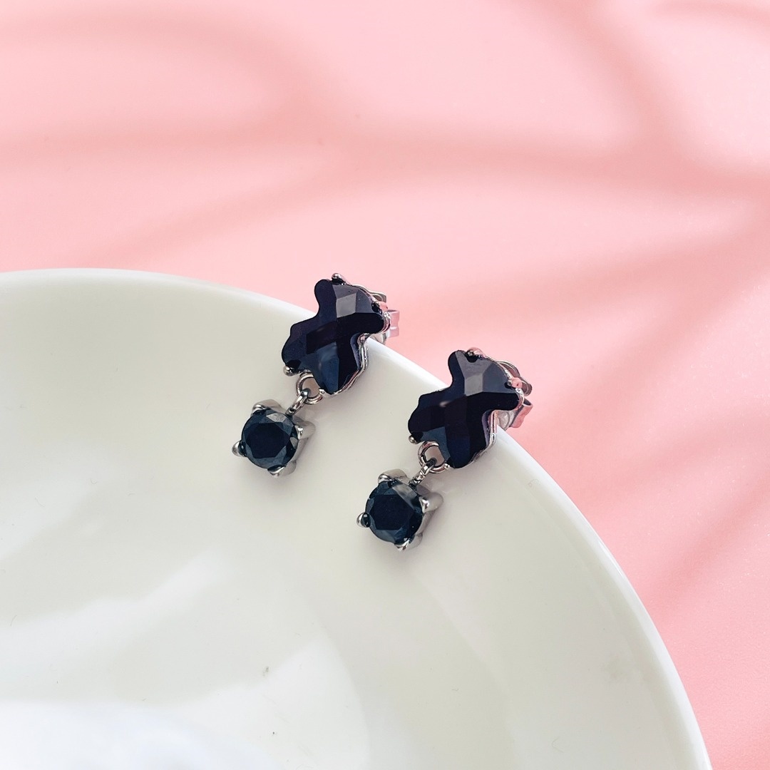 Hot Sale Fashion Women Men Silver Gold Stainless Steel Span Bear Heart Star Black Glass Circle Stud Earrings Jewelry-image-1085536169