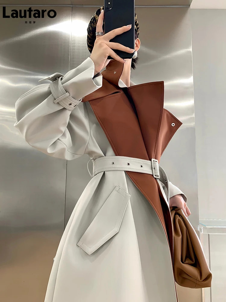 Lautaro Spring Autumn Long Cool Patchwork Trench Coat for Women Stylish Emo Clothes European Style Overcoat 2025 251110 f0