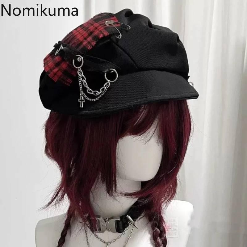 Chic Octagonal Hat Korea Autumn Winter Temperament Punk Retro Contrast Color Plaid Beret Girls Hundred Arts spaper Boys Cap 251114