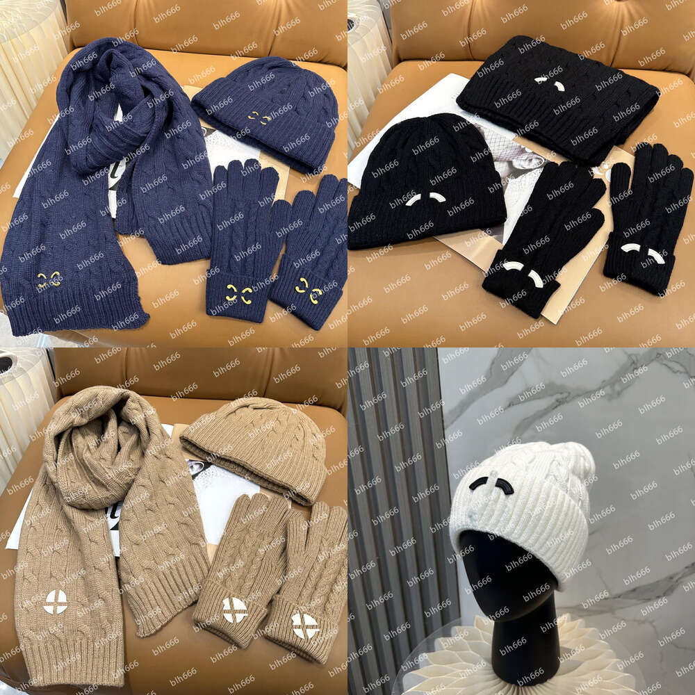 Designer knit hat luxury wool hat designer women's warm three-piece set with scarf and gloves black white and gray fashionable set high quality