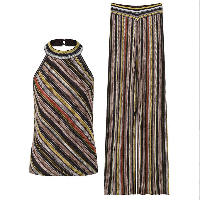 10026 XXL 2025 Milan Style Autumn Brand Same Style Two Pieces Sets Crew Neck Yellow Purple Flora Print Long pants Empire Sleeveless Womens Clothes y