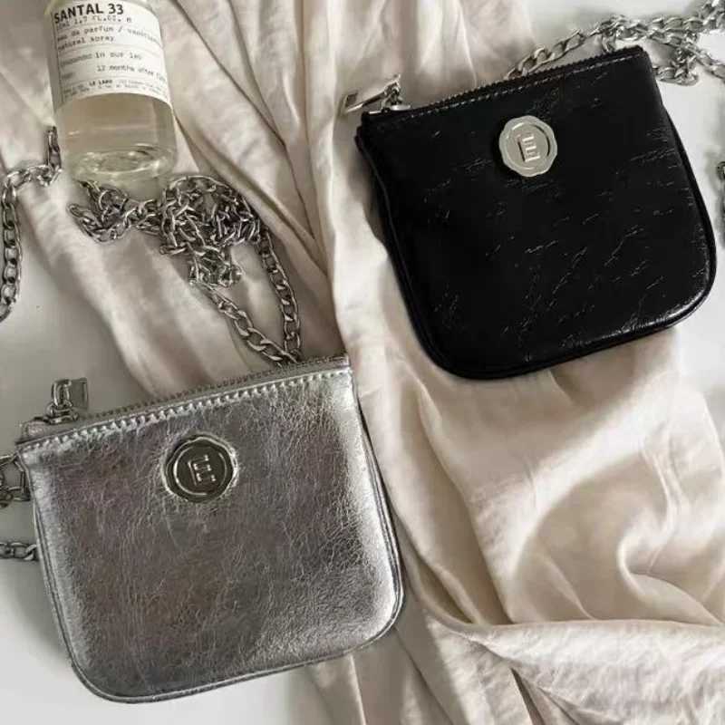 Korean Ins FAshion Mini Shoulder Bag PU Black SiLVer Zipper Cross Body Bag Womens Lipstick ID Currency Storage BagXJ250420