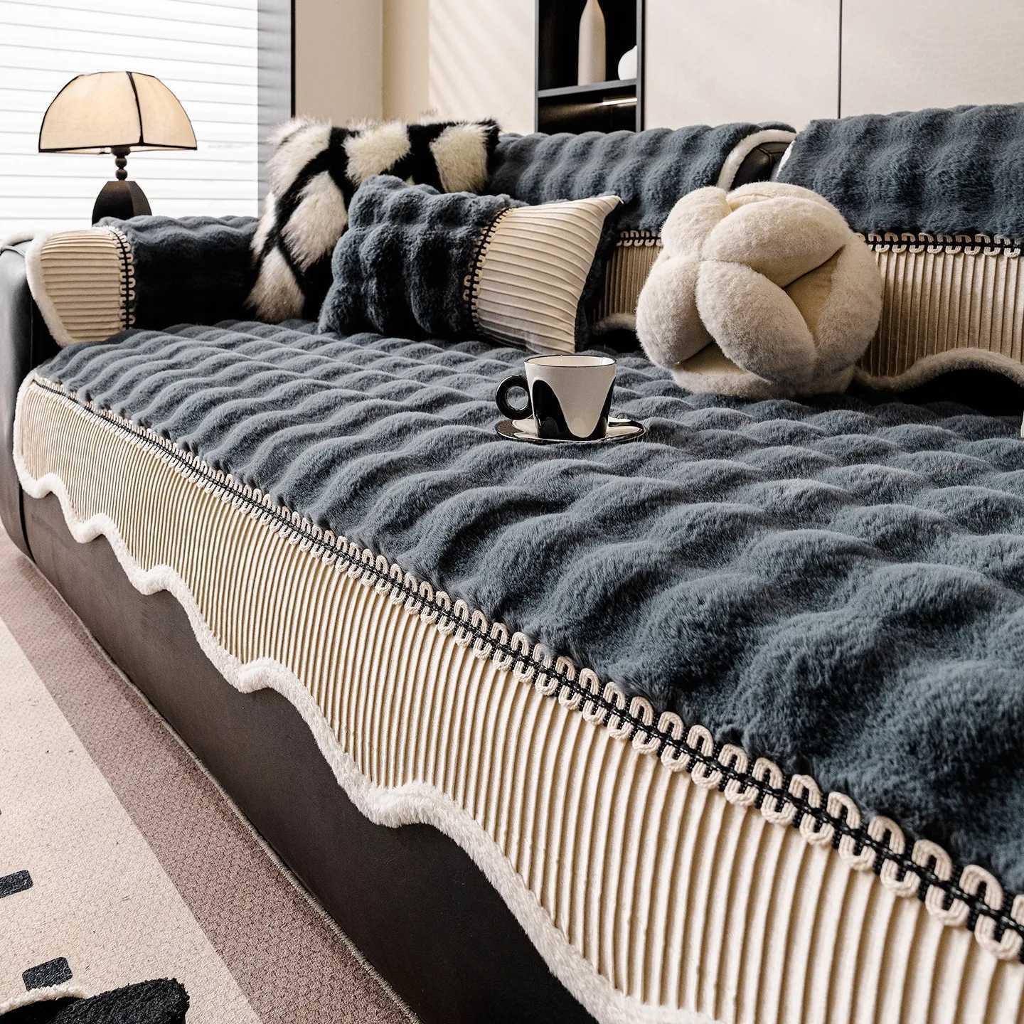 Thicken Immitation Faux Rabbit Fur Sofa Cover with Contrast Curving Hem Soft Winter Plush Warm Sofa Towel for Living Room Decor C251121-image-1085580378