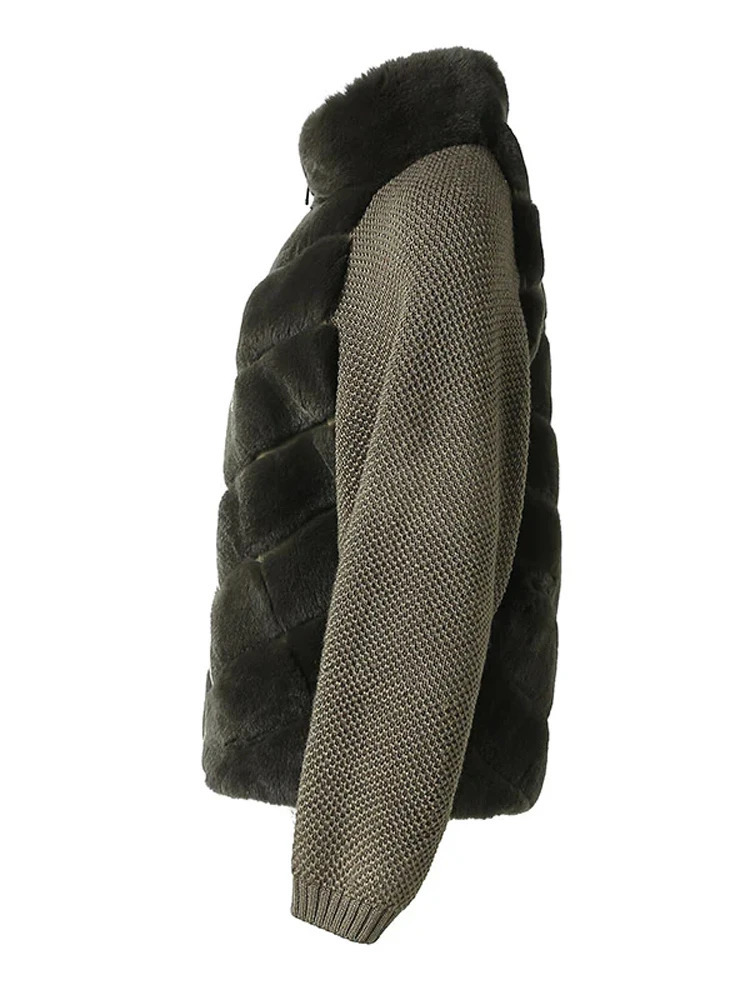 Faux Fur Coats Woman Paneled Kniteted Sleeve Jackets Stand Collar Tops Warm Vintage Outerwear Woman Casual Streetwear 251121