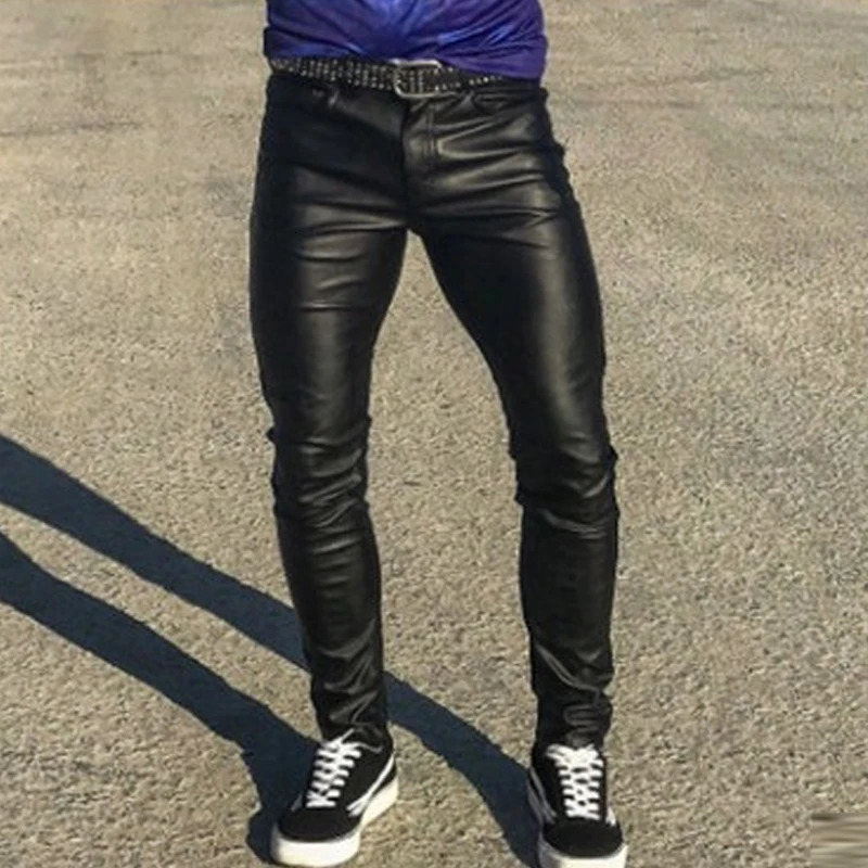 Fashionable mens ultrathin slim fit leather pants solid color mid waist tight elastic PU Trousers 2023 springsummer streetwear retro 250409Z