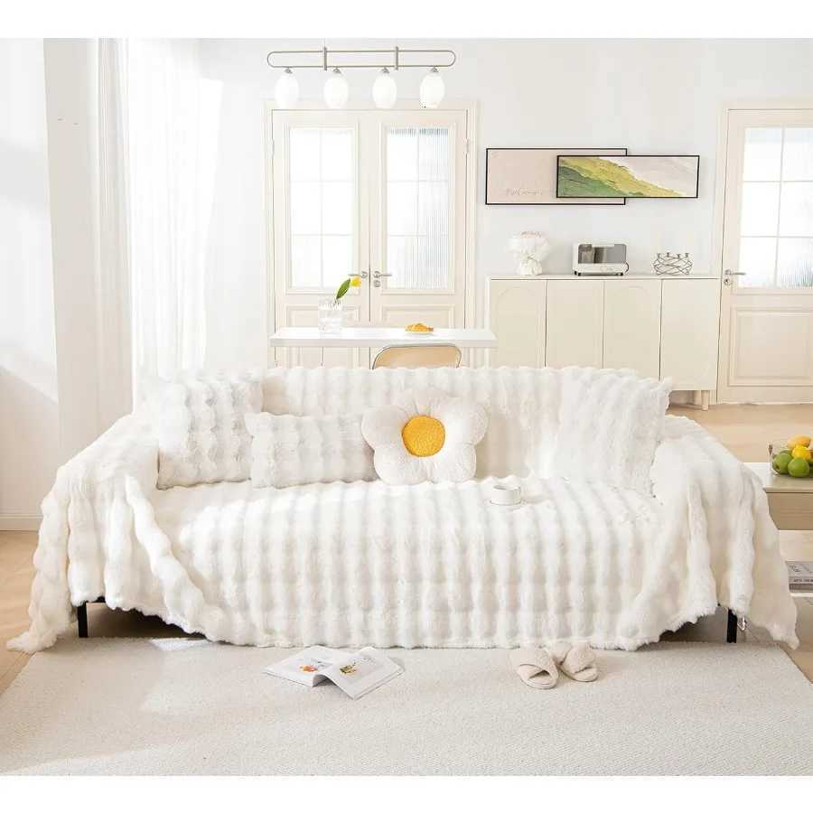 Soft Warm Faux Fur Sofa Cover Thick Shaggy Fuzzy Sectional Couch Cover Plush Fluffy Blanket Cover for Couch Sofa Bed in White P C251121-image-1085580345