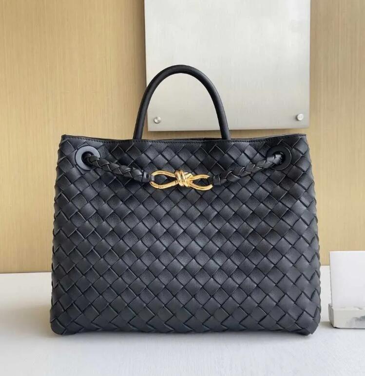 Designer Bag Andiamo 32cm Women's Woven Leather Tote Bag Silver Bow Hardware Shoulder Crossbody Top Handle Commuter Handbag Black