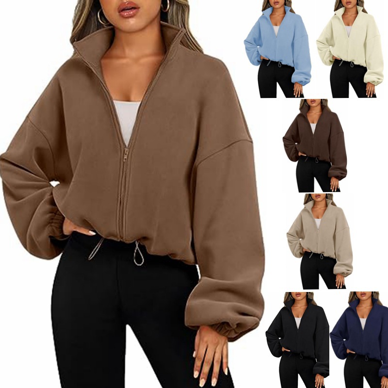 Yoga suit sweatshirt long full zipper jacket, fleece sports jacket, stand up collar with fleece zipper jacket-image-1085603777