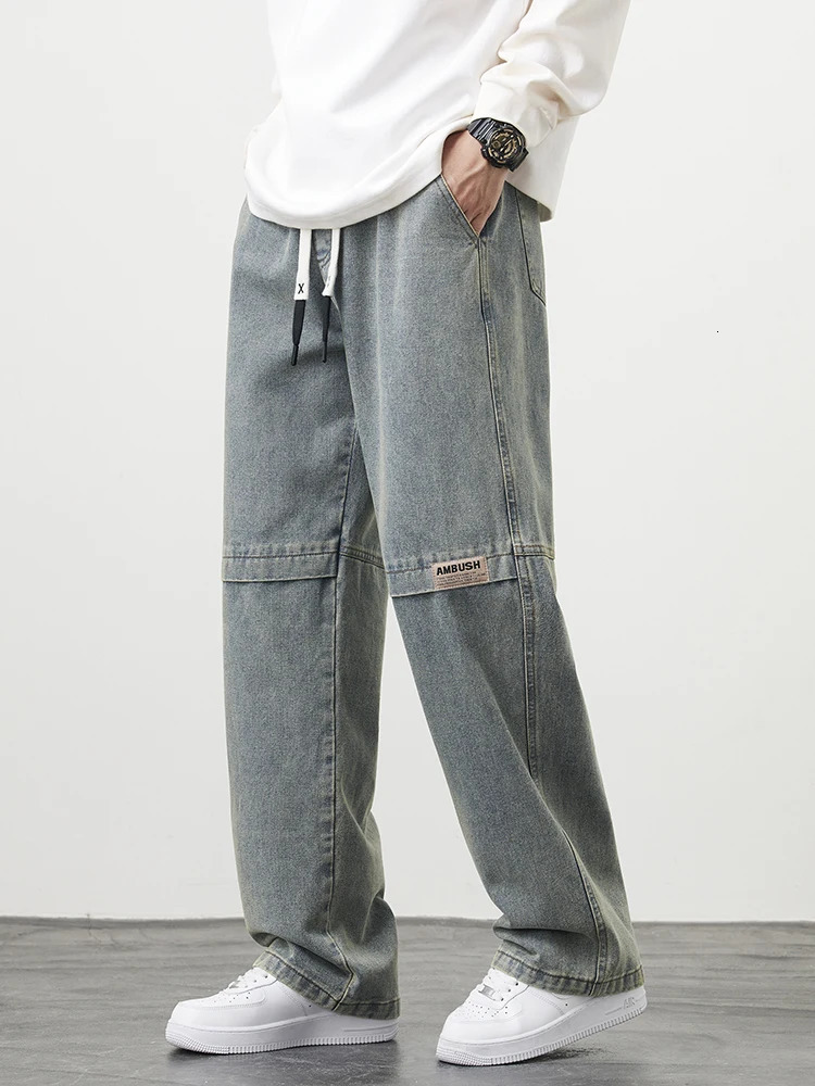 retro blue mens jeans plus size string wide leg cotton casual straight 6XL 7XL 8XL 250409Z