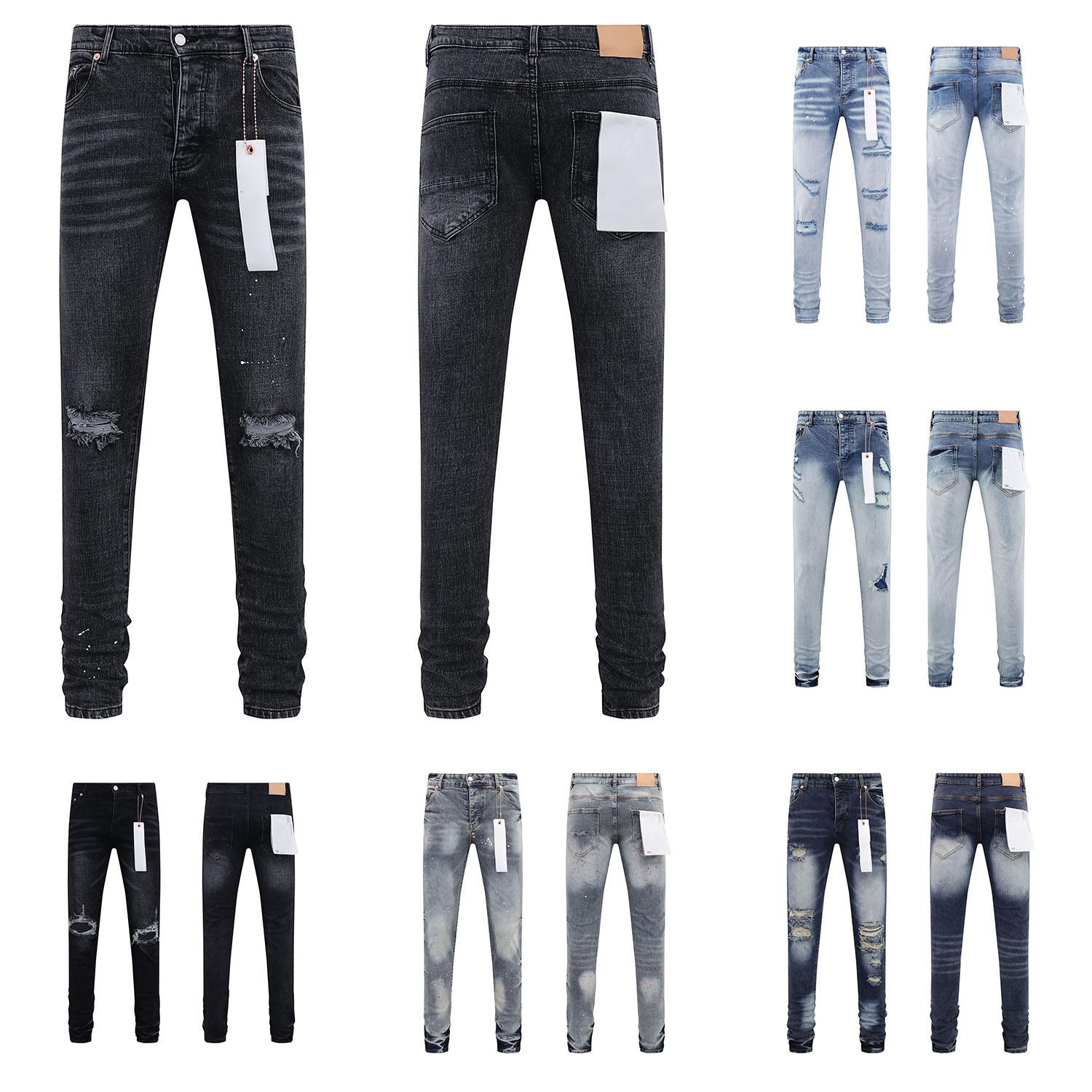 Designer Mens Vintage Washed Ripped Jeans Leather Label Slim Elastic Tight Pants Men Streewear