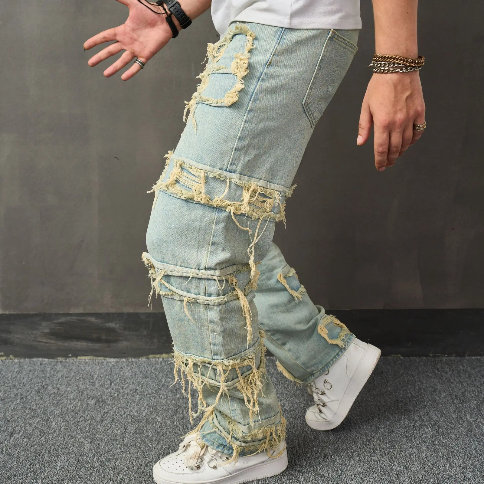 American Retro Ripped Jeans with Patchwork and Anti-Bacterial Fabric Style Mens Loose Slouchy Fashion Wide-Leg Casual Pants 250421