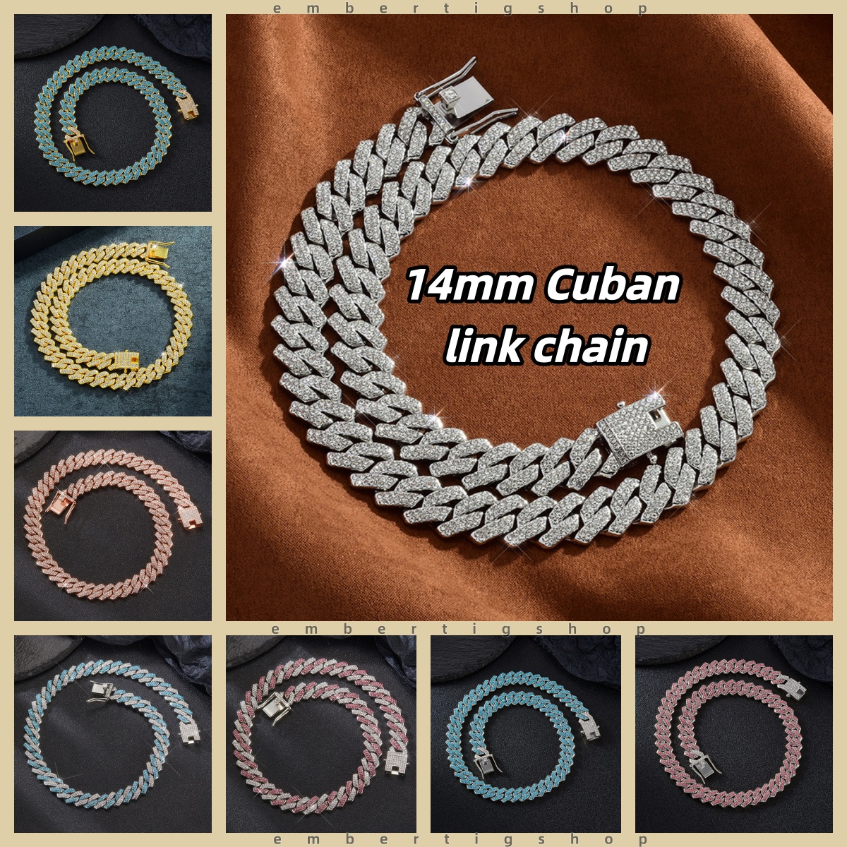Hip-hop style rhombus Cuban chain necklace with diamonds zinc alloy 14mm moissanite chain designer necklace diamond chain luxury jewelry women me