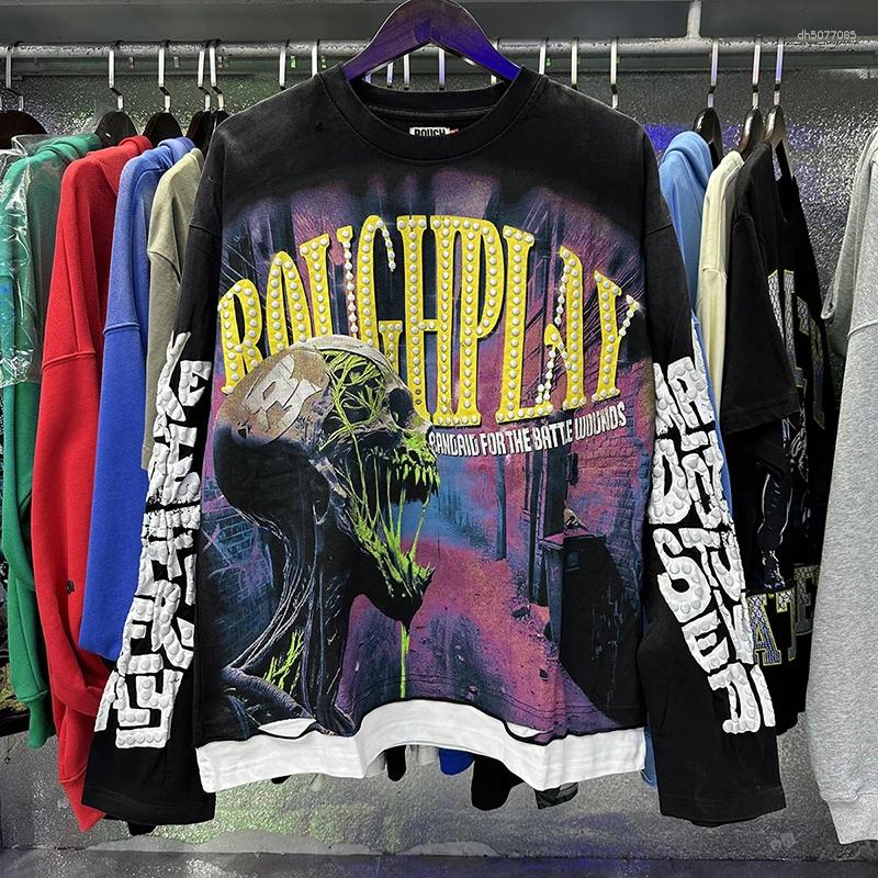 Men's Hoodies 25ss High Quality RoughPlay Long Sleeve T Shirts Men Women Fashion Thermal Drilling American Style Vintage Casual Tee